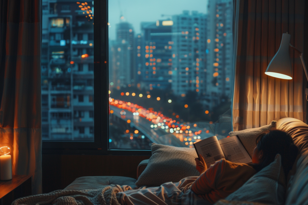 Un salon moderne et chaleureux avec une isolation acoustique renforcée. De grandes fenêtres insonorisées et des rideaux épais bloquent les bruits extérieurs d’une ville animée. Une personne détendue lit un livre dans un cadre paisible.